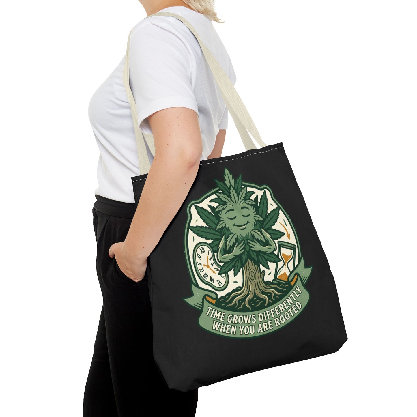 Rooted Tree Spirit Tote Bag — “Time Grows Different When You Are Rooted” Eco Tote