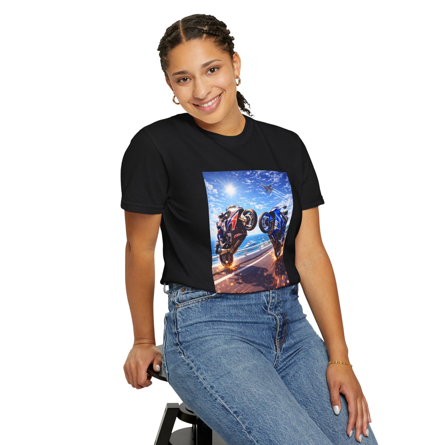 Stunt Riders Motorcycle T-Shirt — Two Bike Wheelie Racing Graphic Tee