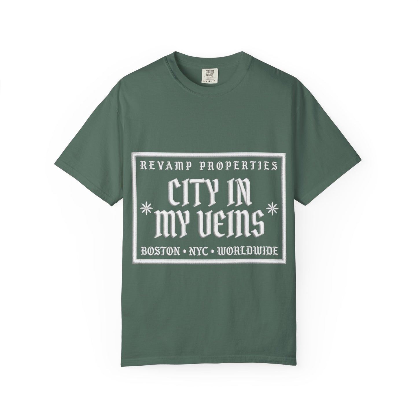City In My Veins T‑Shirt — Vintage Cityscape Tee (Boston • NYC • Manchester)