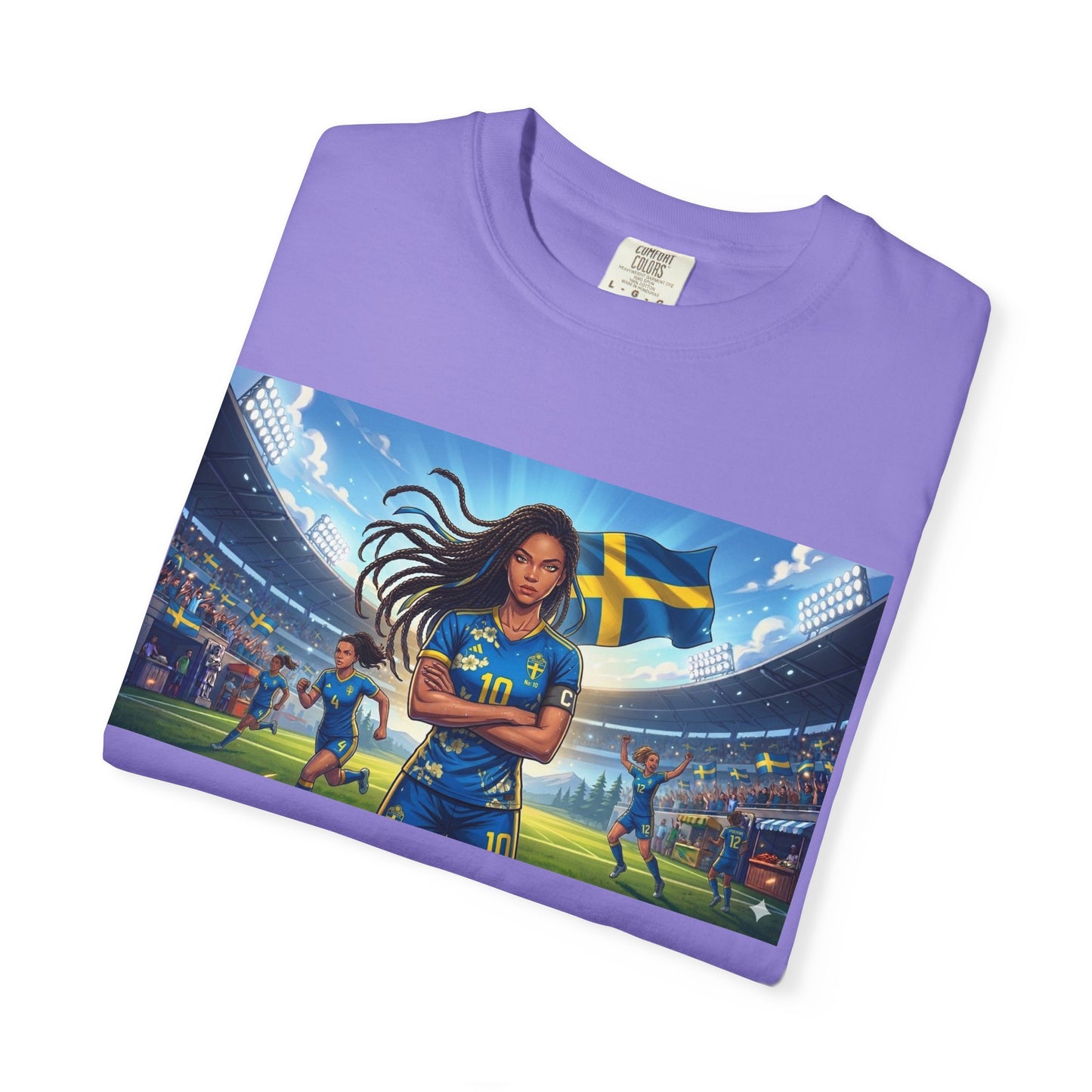Swedish Soccer Pride T-Shirt — Female Footballer with Flag Stadium Design