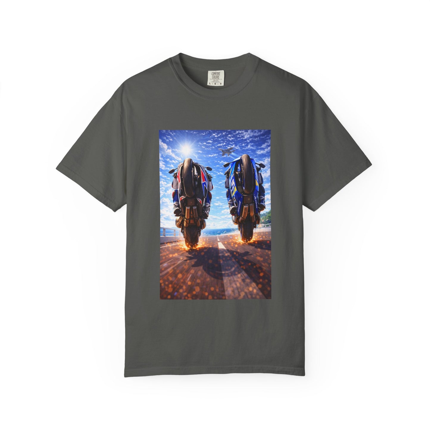 Motorcycle Sunset T-Shirt — Two Bikes Riding Into the Horizon