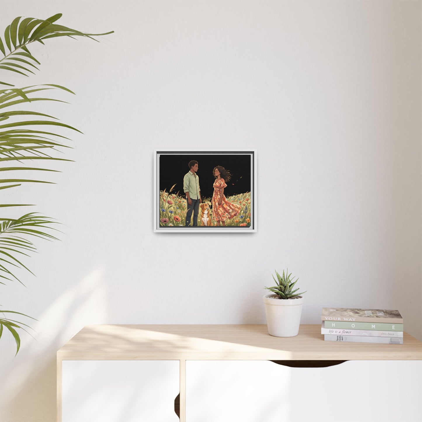 Framed Matte Canvas Print — Romantic Couple in Wildflower Field (Multi‑Color)