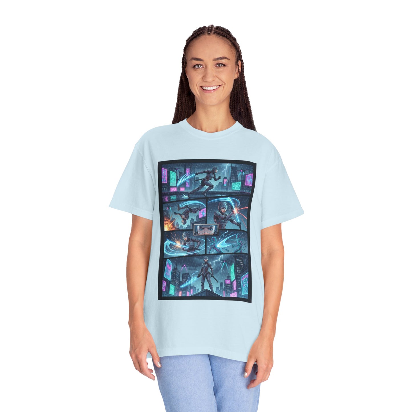 Cyberpunk Girl Samurai T-Shirt — Neon Manga Panel Graphic Tee