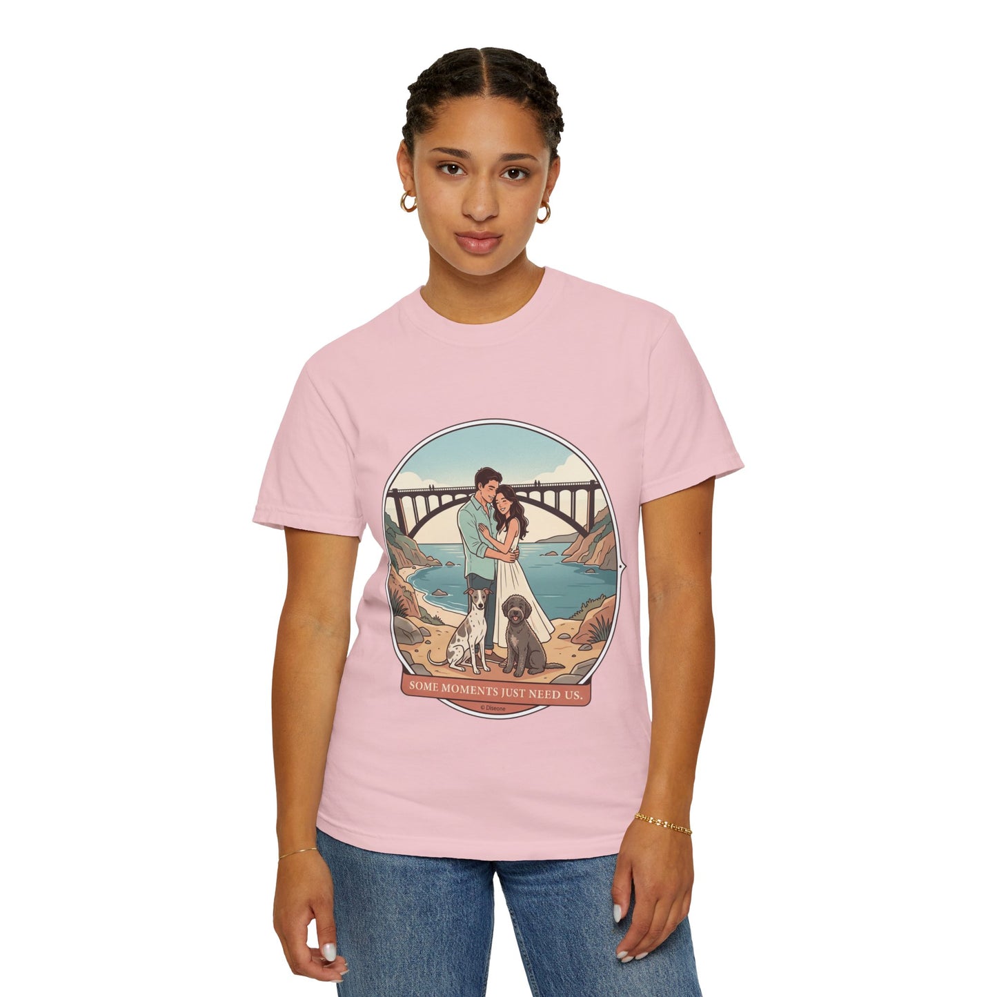 T-Shirt — Romantic Coastal Couples Tee “Some Moments Are Forever” with Dogs