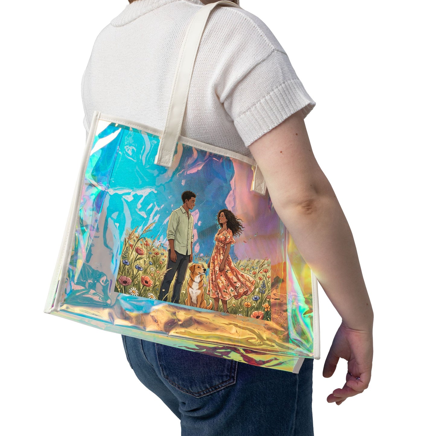 Holographic Beach Tote Bag – Romantic Couple Illustration