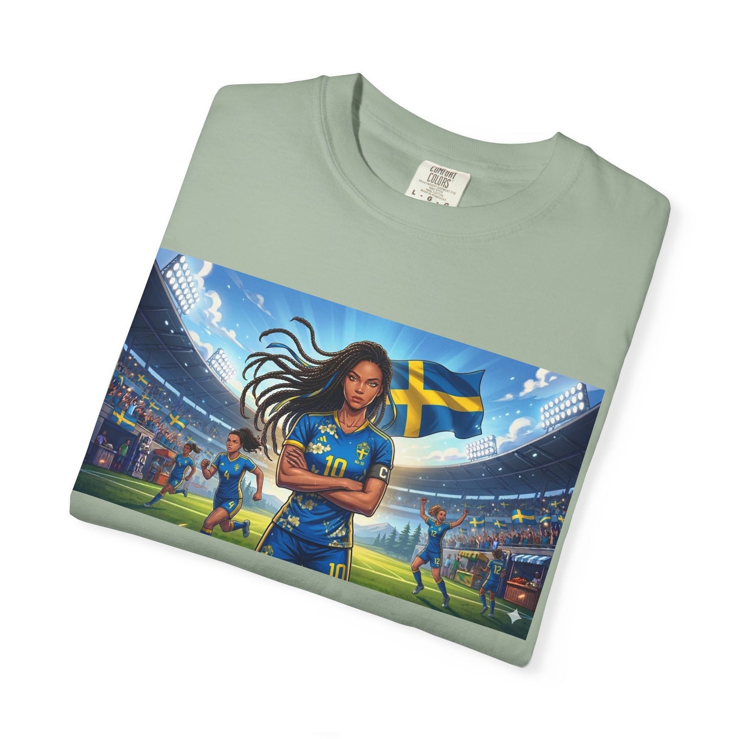 Swedish Soccer Pride T-Shirt — Female Footballer with Flag Stadium Design