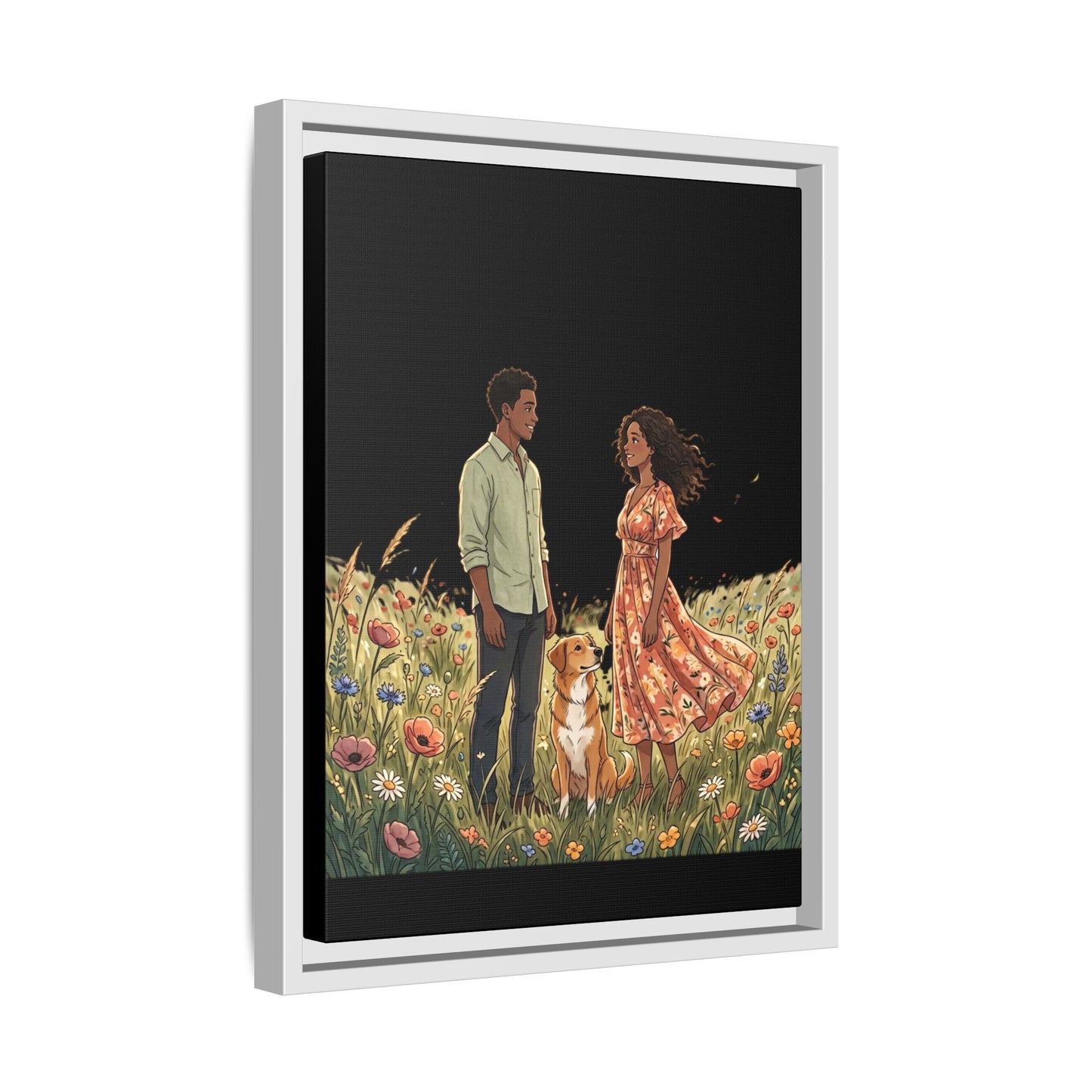 Framed Matte Canvas Print — Romantic Couple in Wildflower Field (Multi‑Color)
