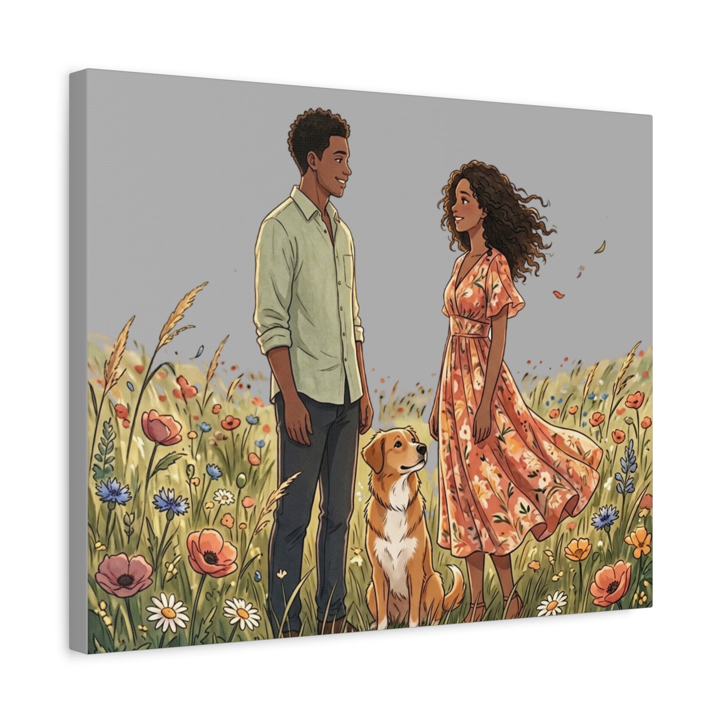Romantic Couple in Wildflower Field Canvas Art — Black Love Wall Decor with Dog