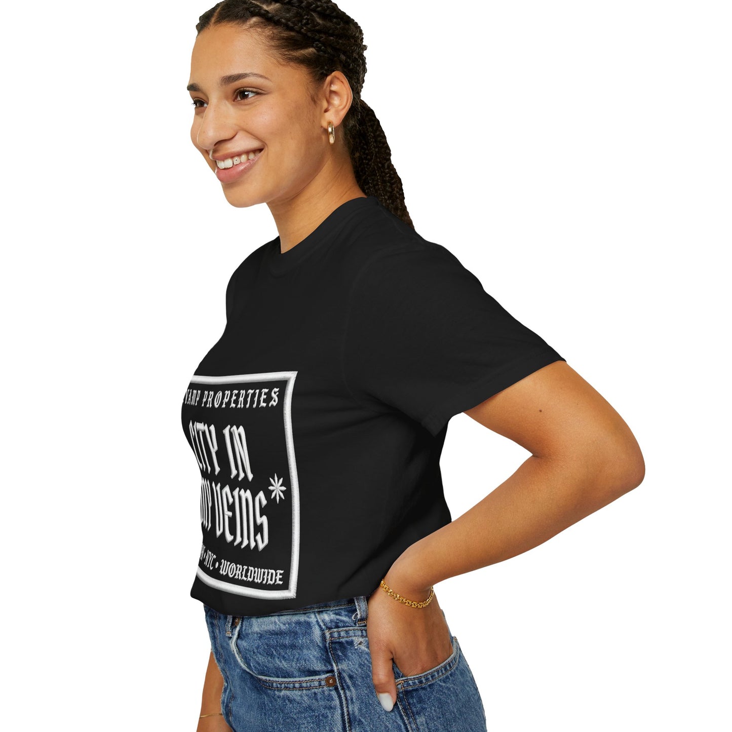 City In My Veins T‑Shirt — Vintage Cityscape Tee (Boston • NYC • Manchester)