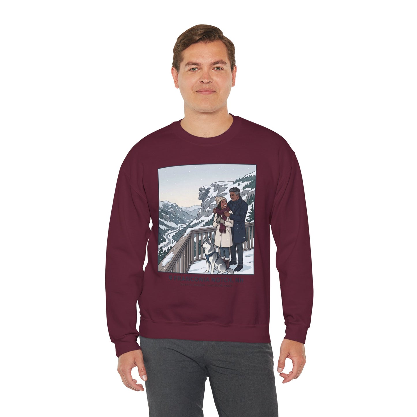 Crewneck Sweatshirt — Franconia Notch Winter Couple Scenic Graphic