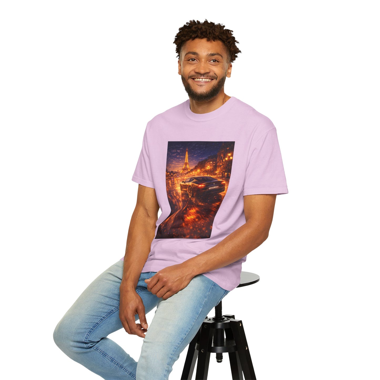 Paris Night Drive T-Shirt — Sports Car in Rainy Cityscape