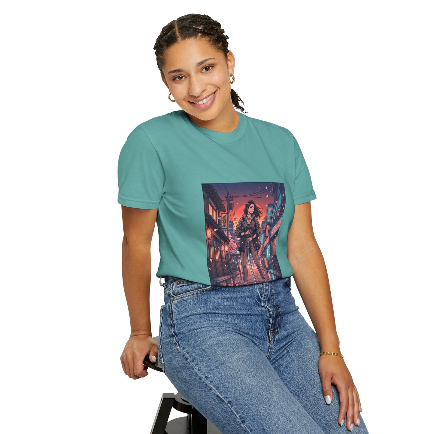 Cyberpunk Night Streets T‑Shirt — Neon Samurai Girl Graphic Tee