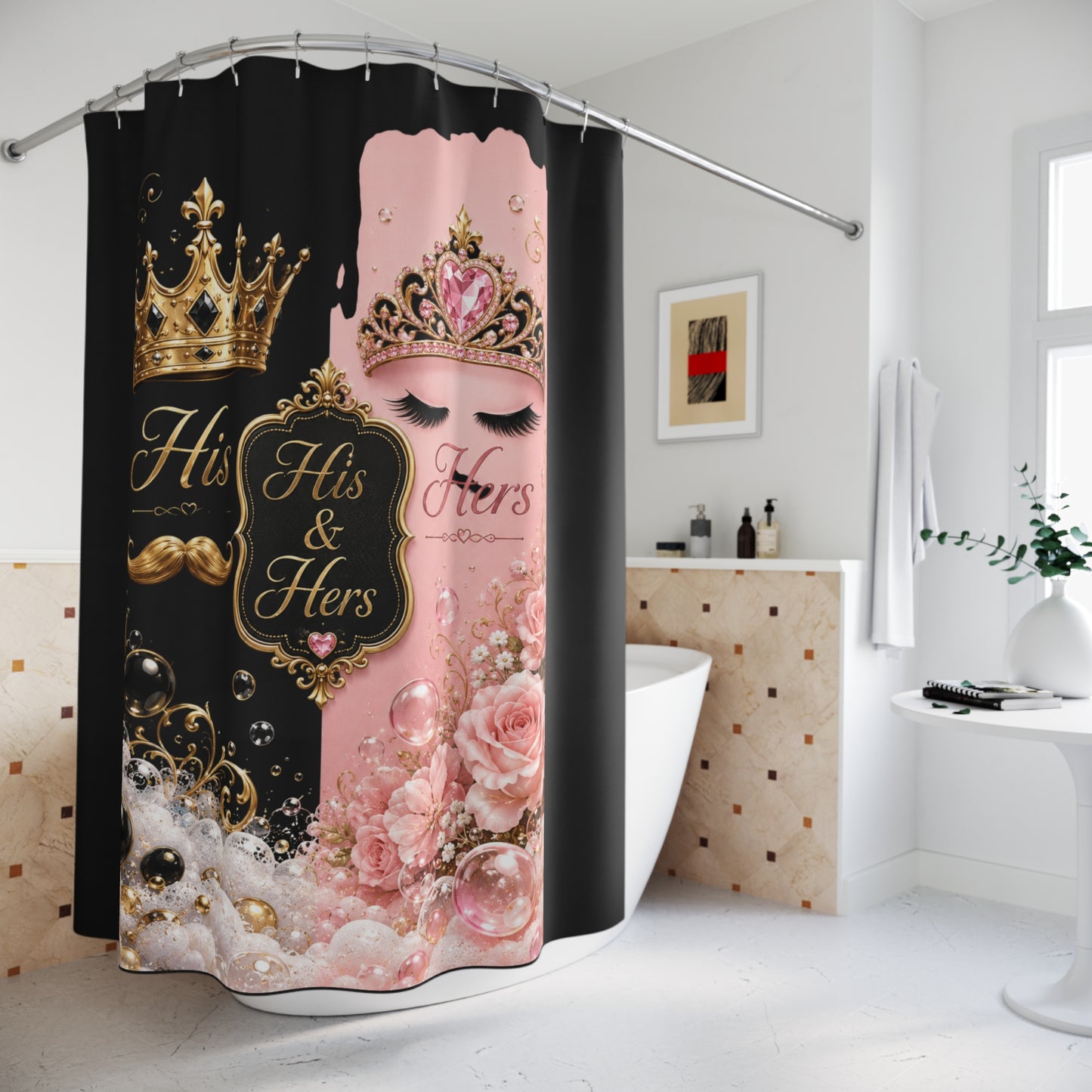 His & Hers Royal Crown Shower Curtain – Pink and Black Couples Bathroom Decor