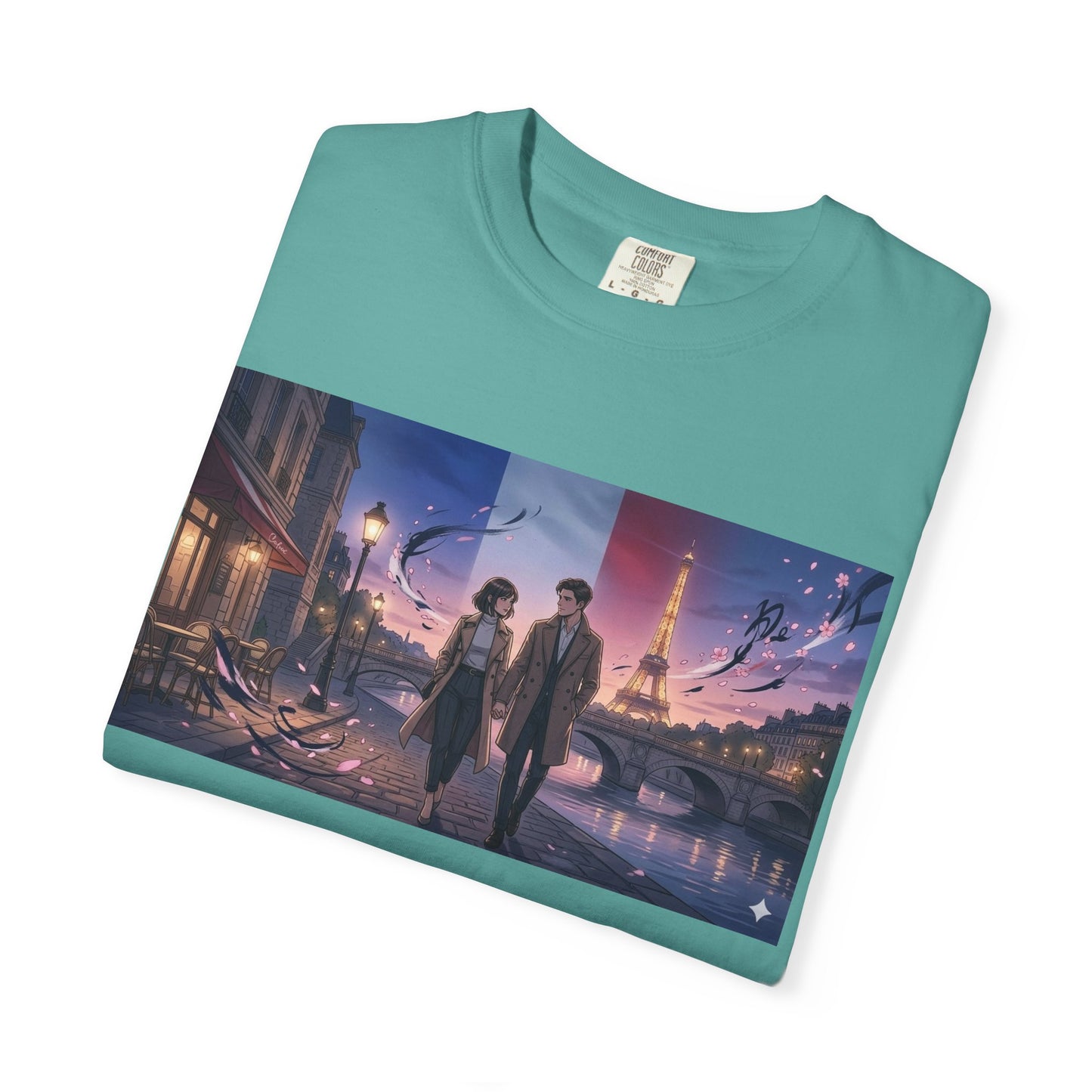 Couple Walking, Eiffel Tower - T-Shirt — Romantic Paris Nightscape Graphic Tee