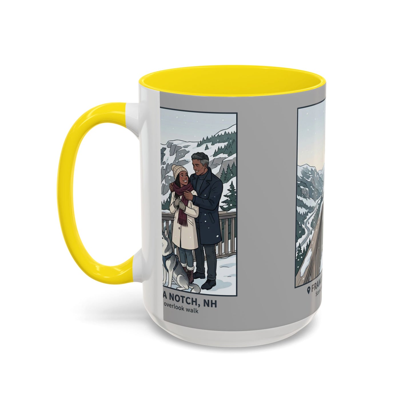 Franconia Notch Scenic Winter Mug — Couples & Dog Snowy Overlook Coffee Cup (11/15oz)