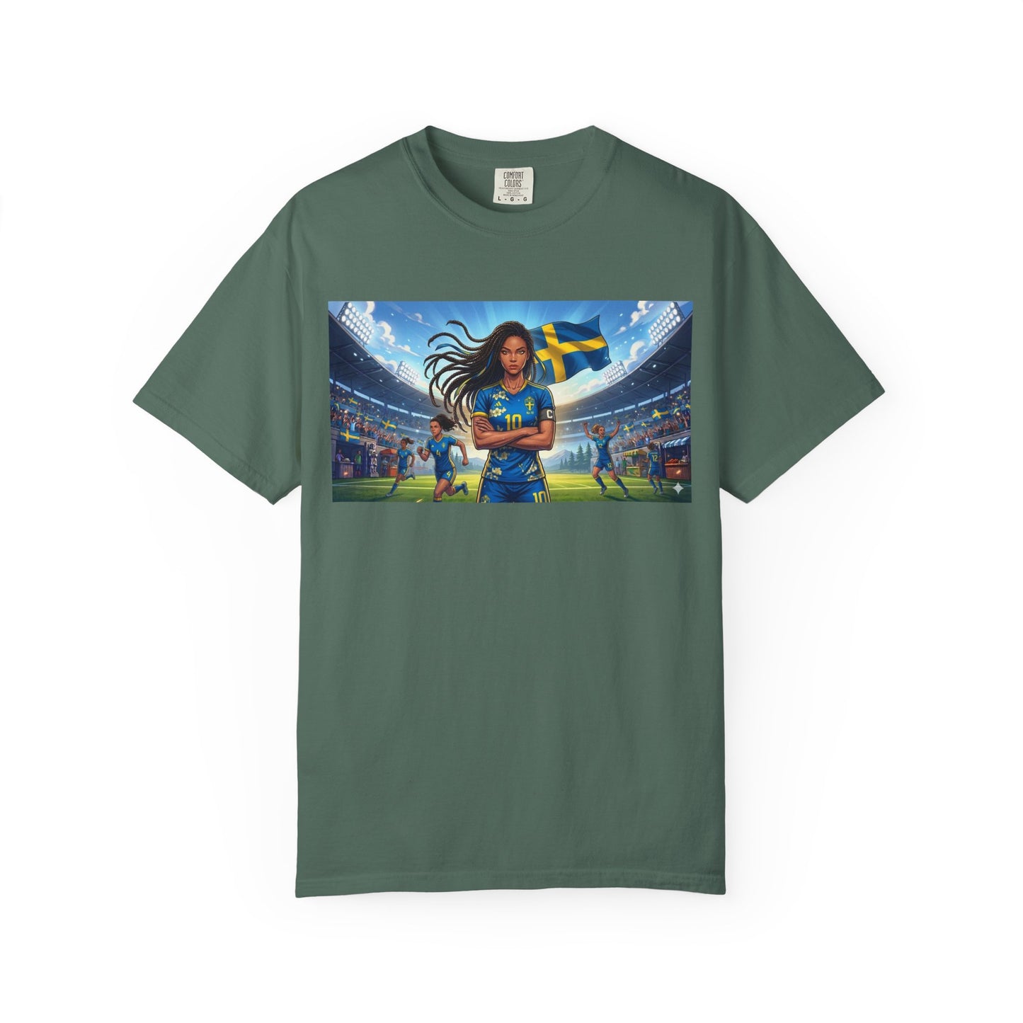 Swedish Soccer Pride T-Shirt — Female Footballer with Flag Stadium Design