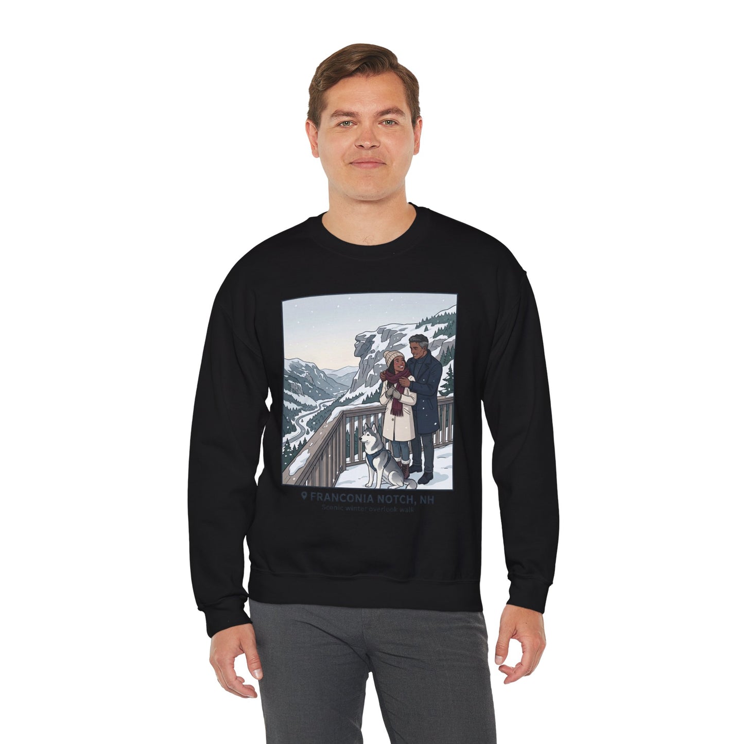 Crewneck Sweatshirt — Franconia Notch Winter Couple Scenic Graphic