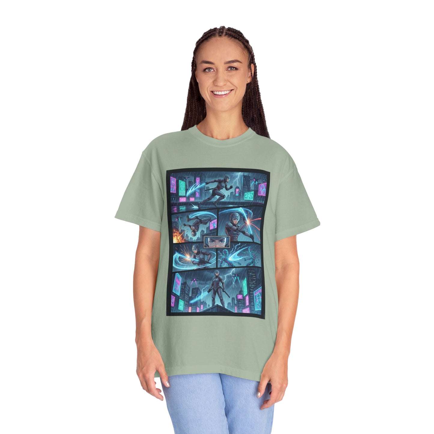 Cyberpunk Girl Samurai T-Shirt — Neon Manga Panel Graphic Tee