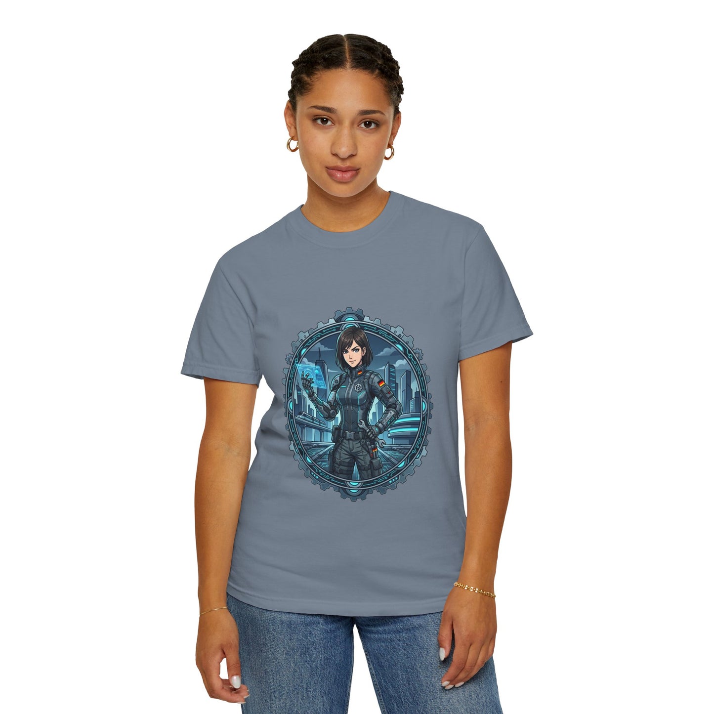 Cyber Ninja Graphic T-Shirt — Futuristic Female Warrior Illustration
