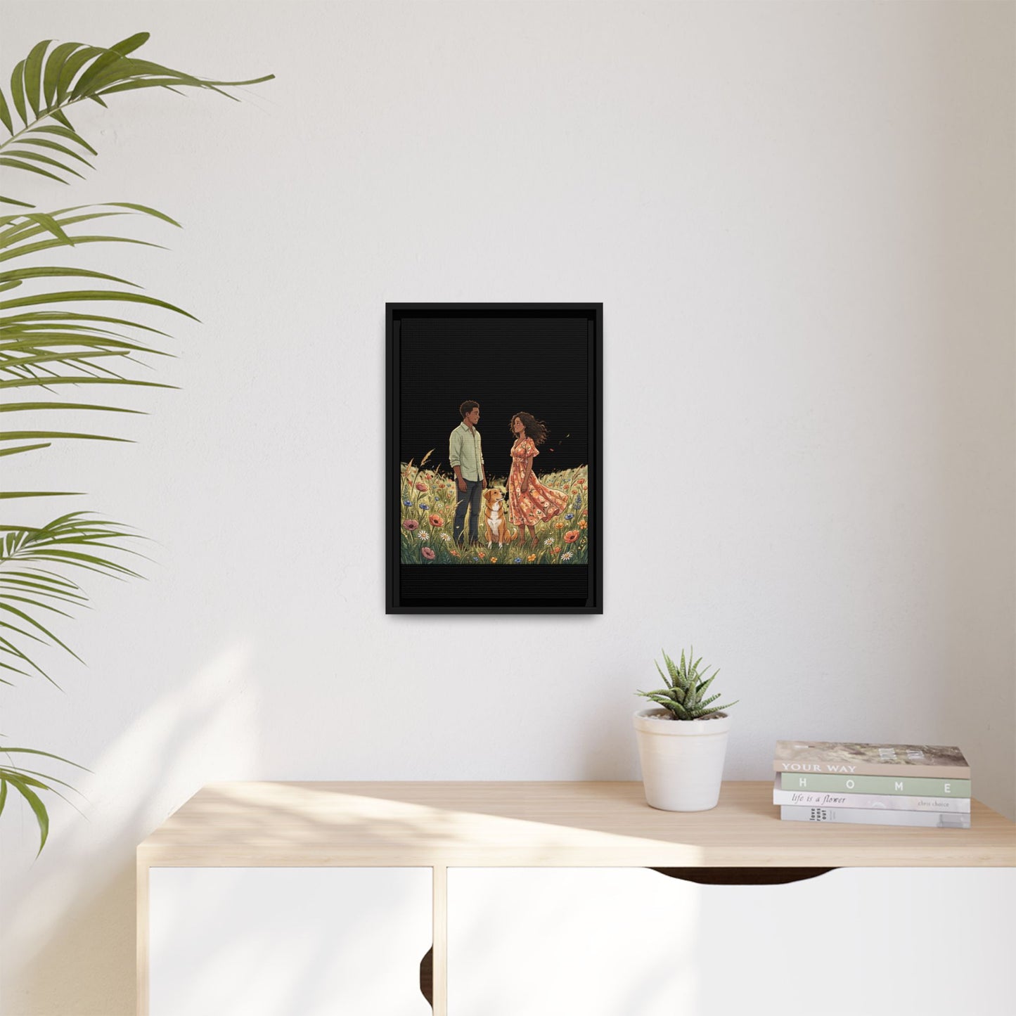 Framed Matte Canvas Print — Romantic Couple in Wildflower Field (Multi‑Color)