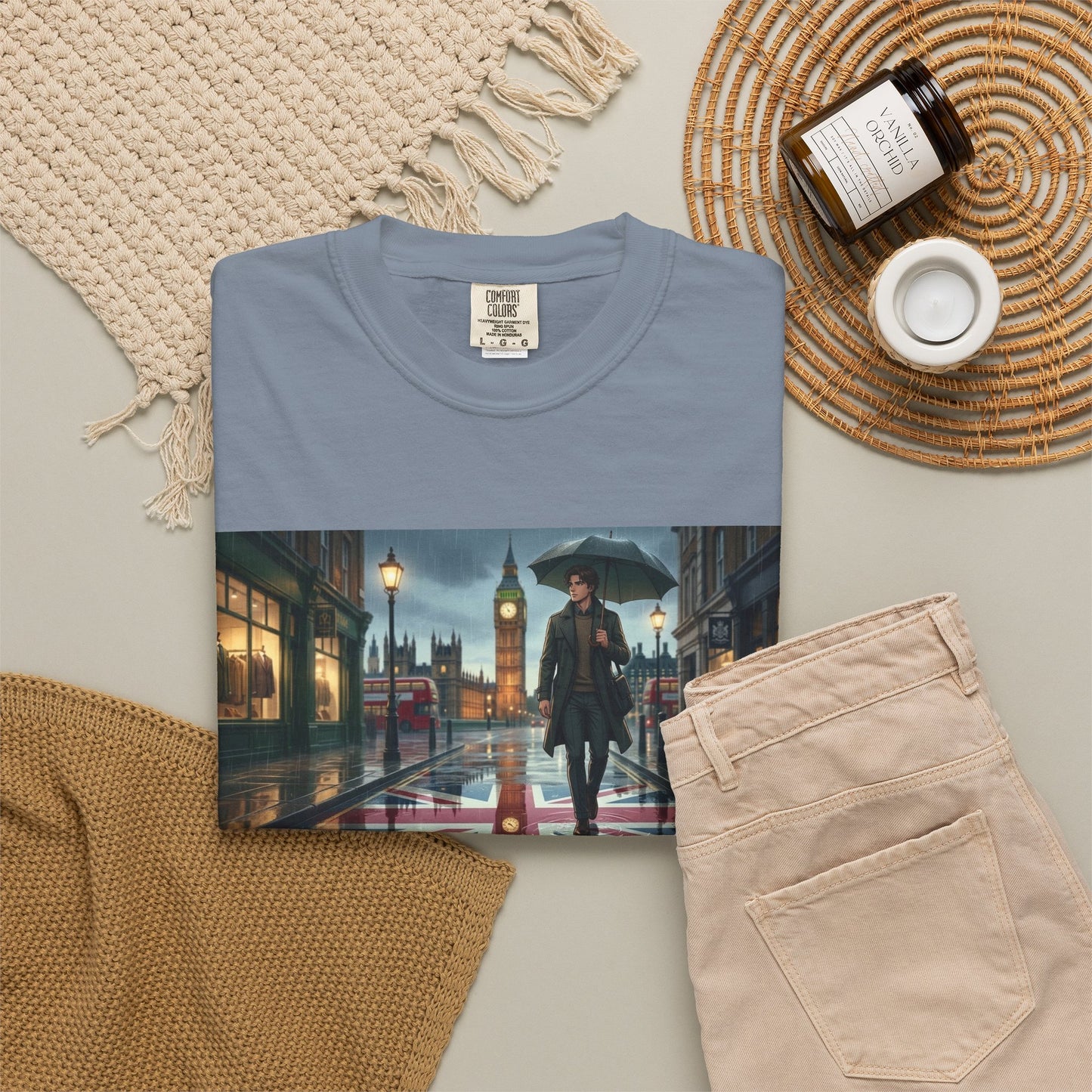 T-Shirt — Rainy London Street Scene Graphic Tee (Big Ben, Umbrella, Night Cityscape)