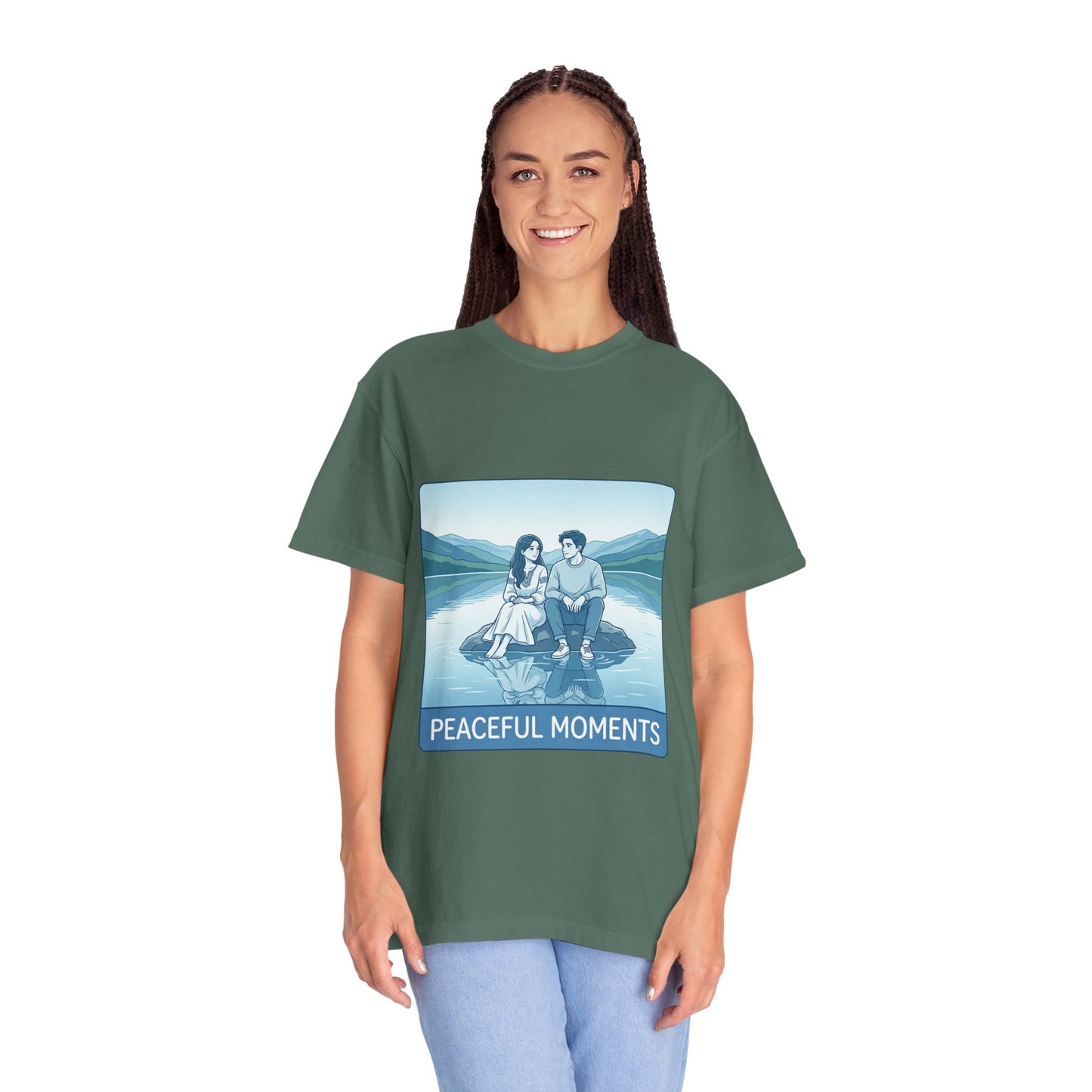 Peaceful Moments Tee — Couple Sitting by Lake Graphic T-Shirt
