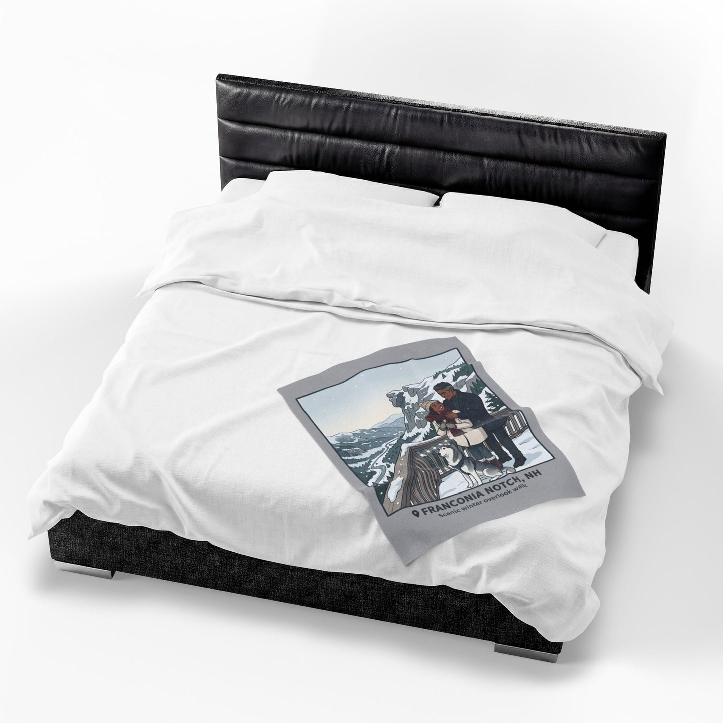 Velveteen Blanket — Franconia Notch NH Winter Scenic Throw with Couple & Husky