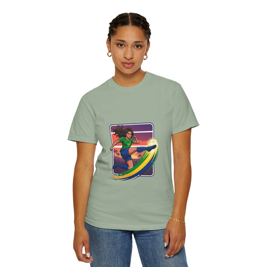 Surfing Sunset T-Shirt — Girl Surfer Rainbow Wave Graphic Tee
