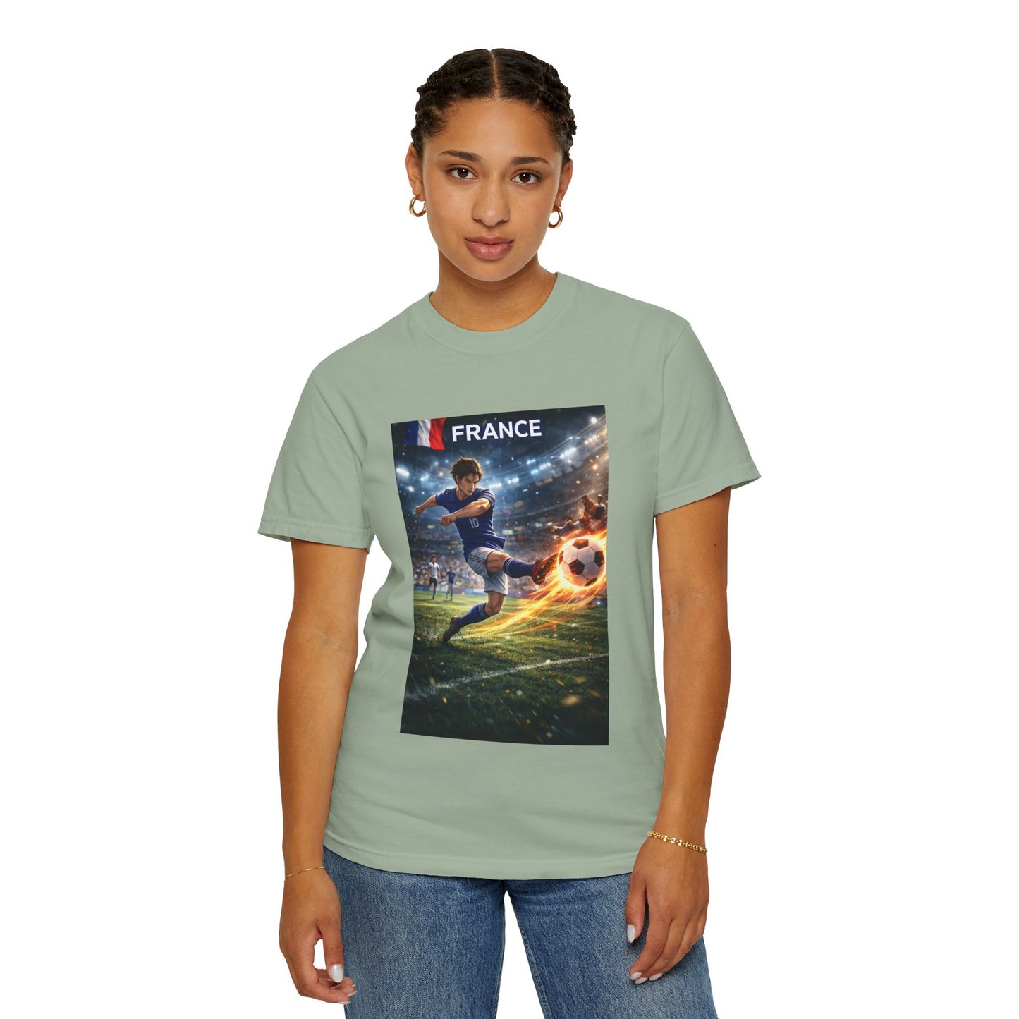 France Soccer Player Graphic T-Shirt — Football Kick Stadium Design