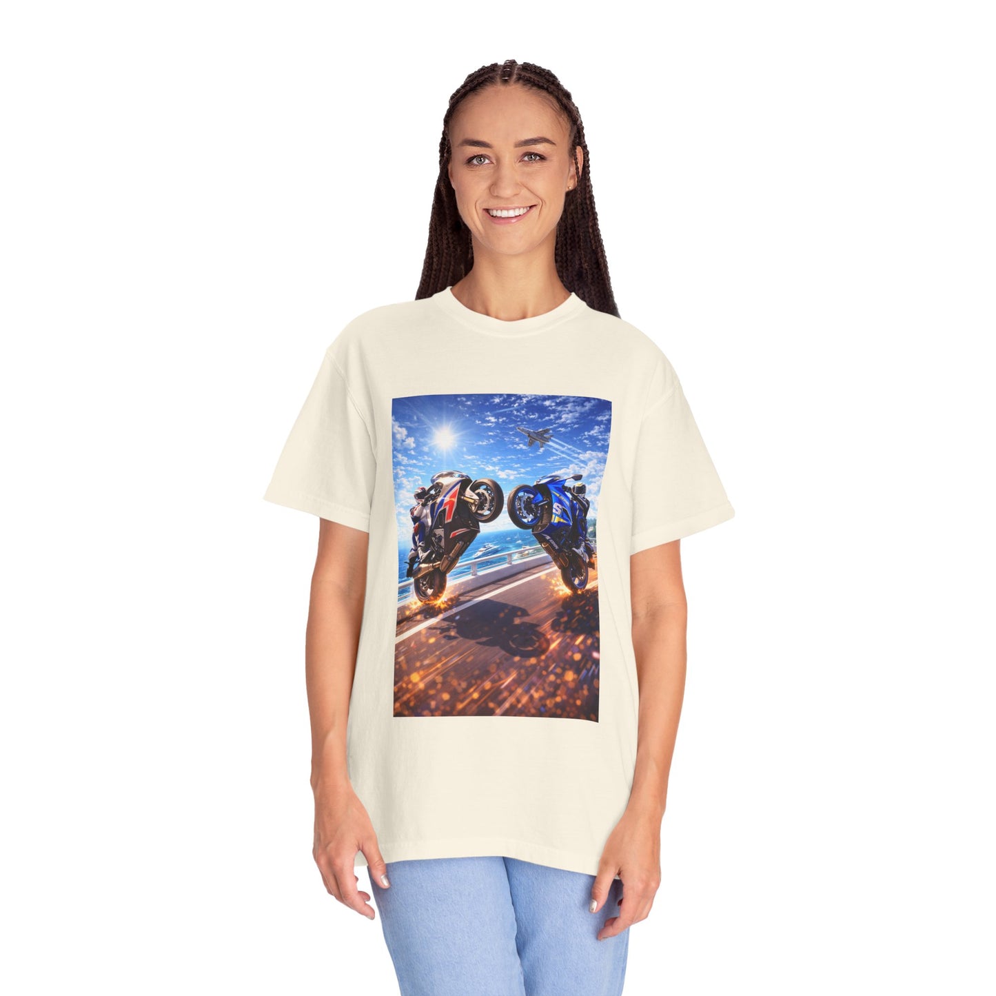 Stunt Riders Motorcycle T-Shirt — Two Bike Wheelie Racing Graphic Tee