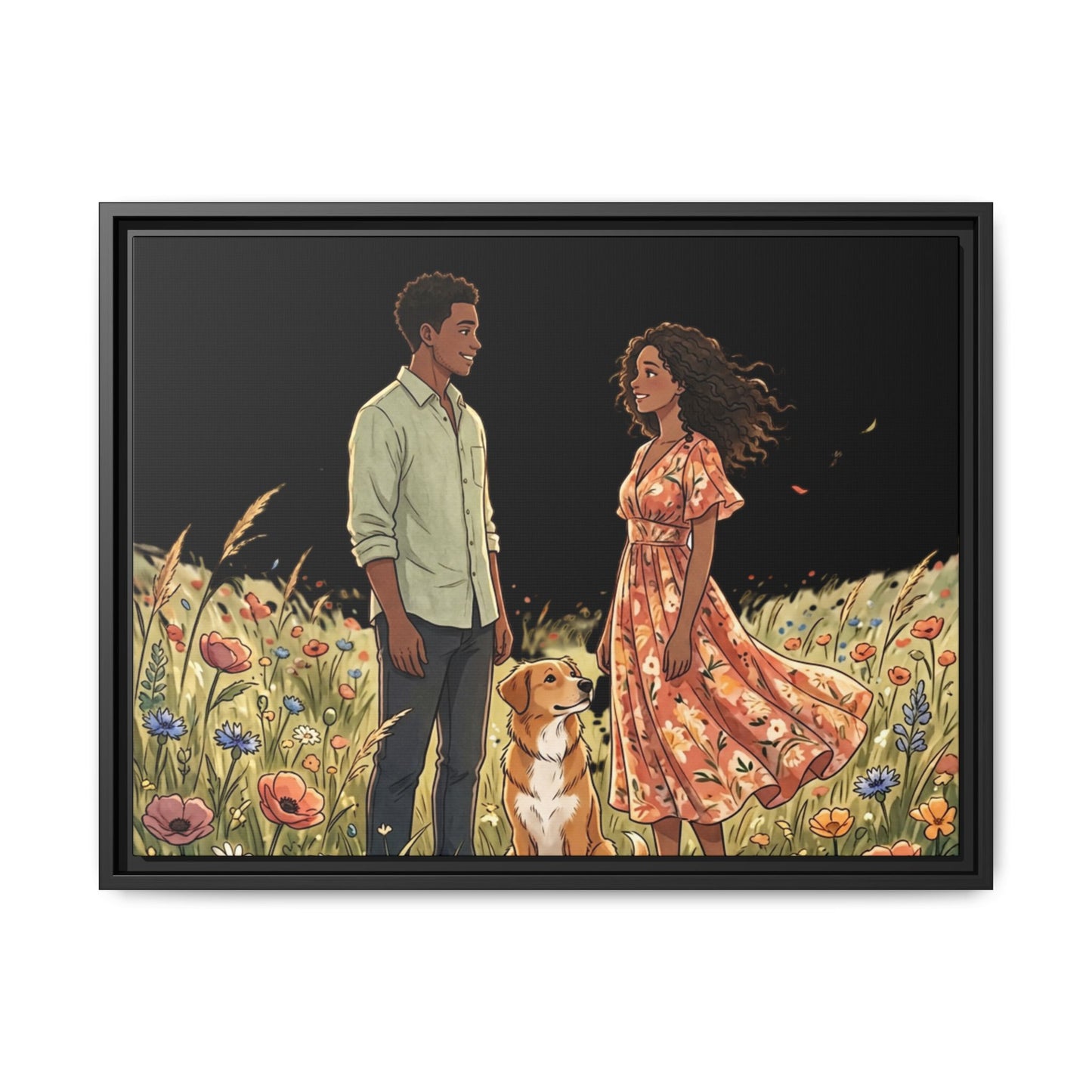 Framed Matte Canvas Print — Romantic Couple in Wildflower Field (Multi‑Color)