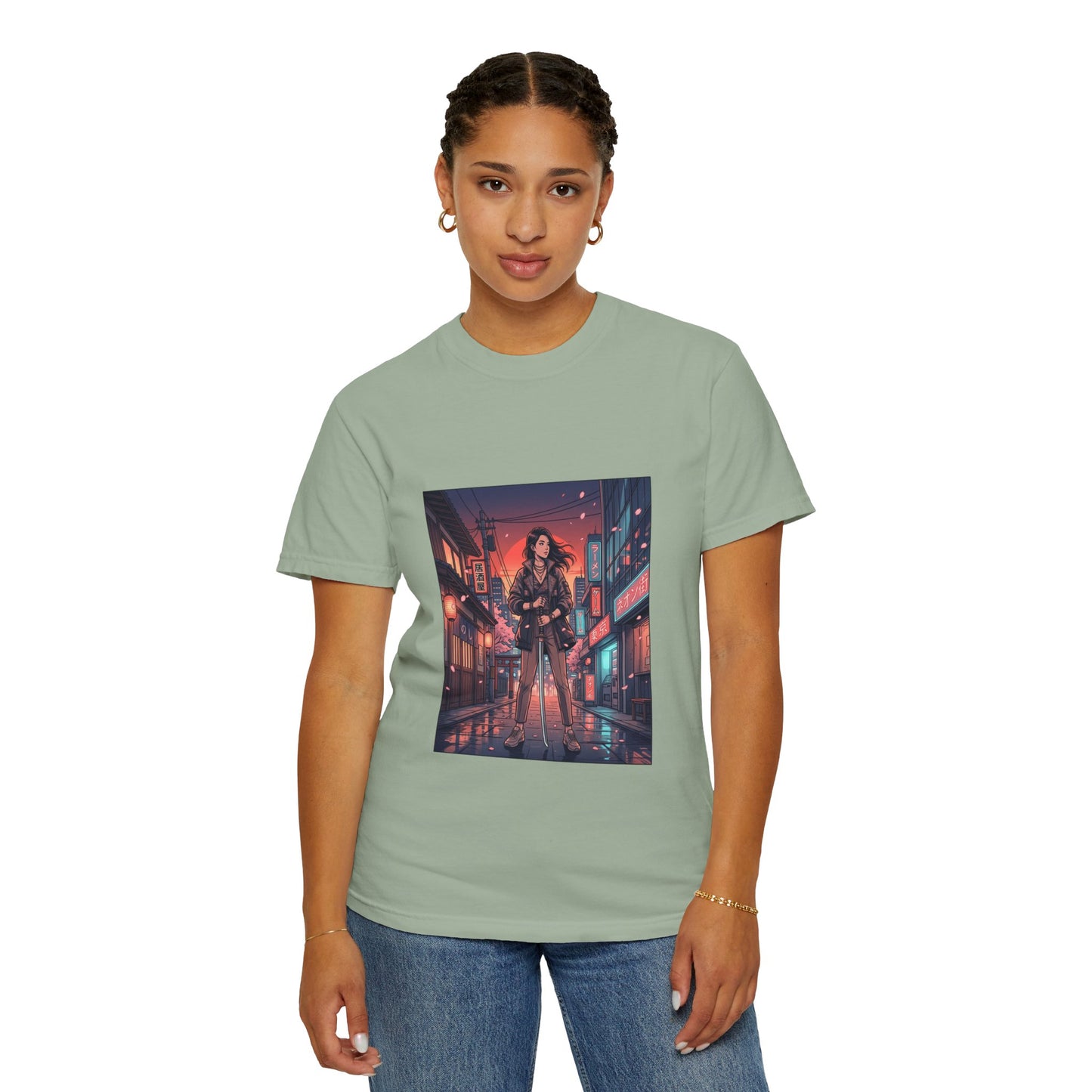 Cyberpunk Night Streets T‑Shirt — Neon Samurai Girl Graphic Tee