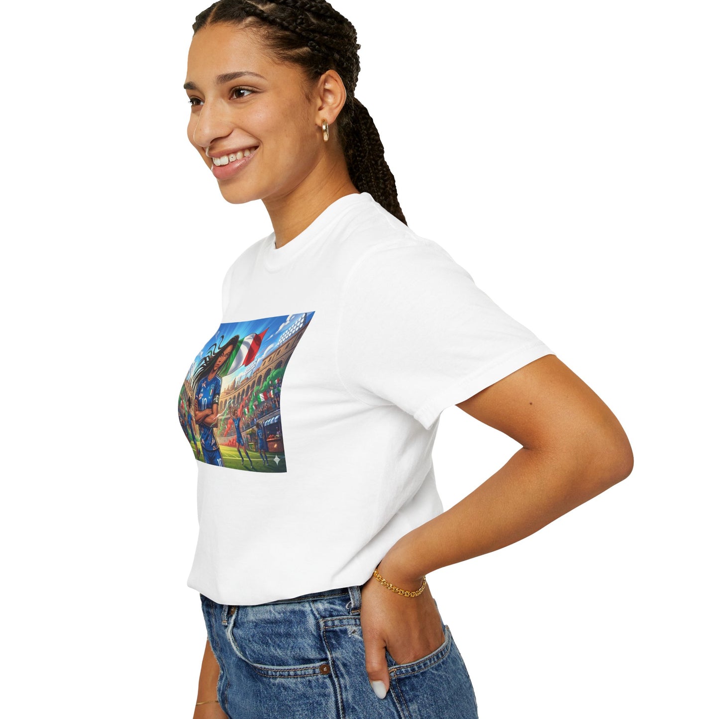 Italian Soccer Fan T‑Shirt – Inspirational Female Player with Italy Flag Stadium Print