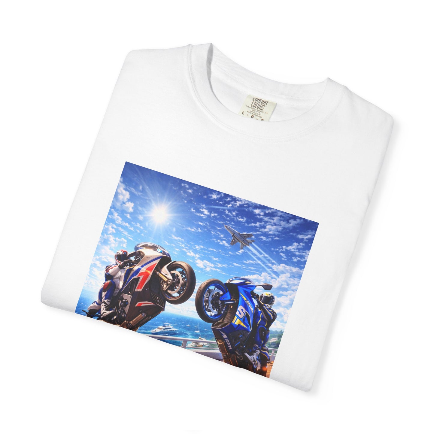 Stunt Riders Motorcycle T-Shirt — Two Bike Wheelie Racing Graphic Tee