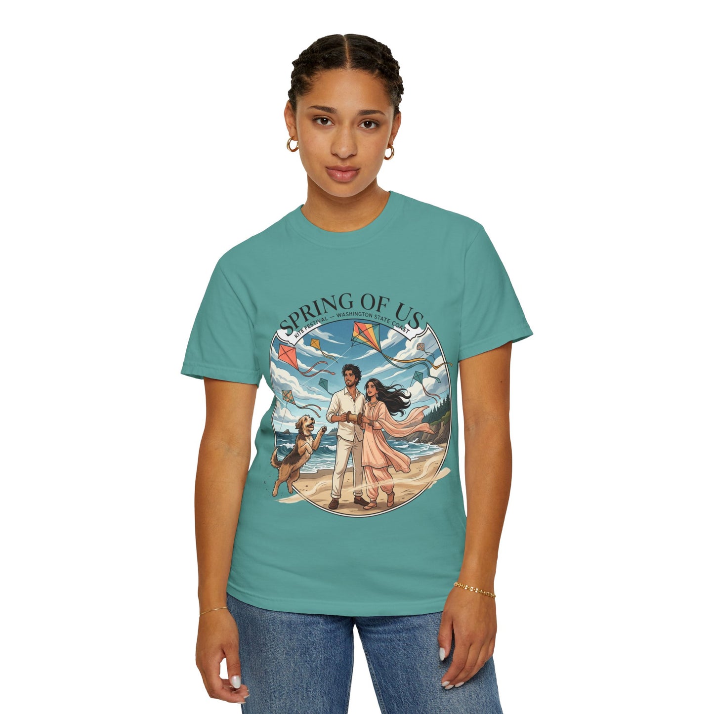 Spring of Us T-Shirt — Romantic Beach Couple Illustration with Dog