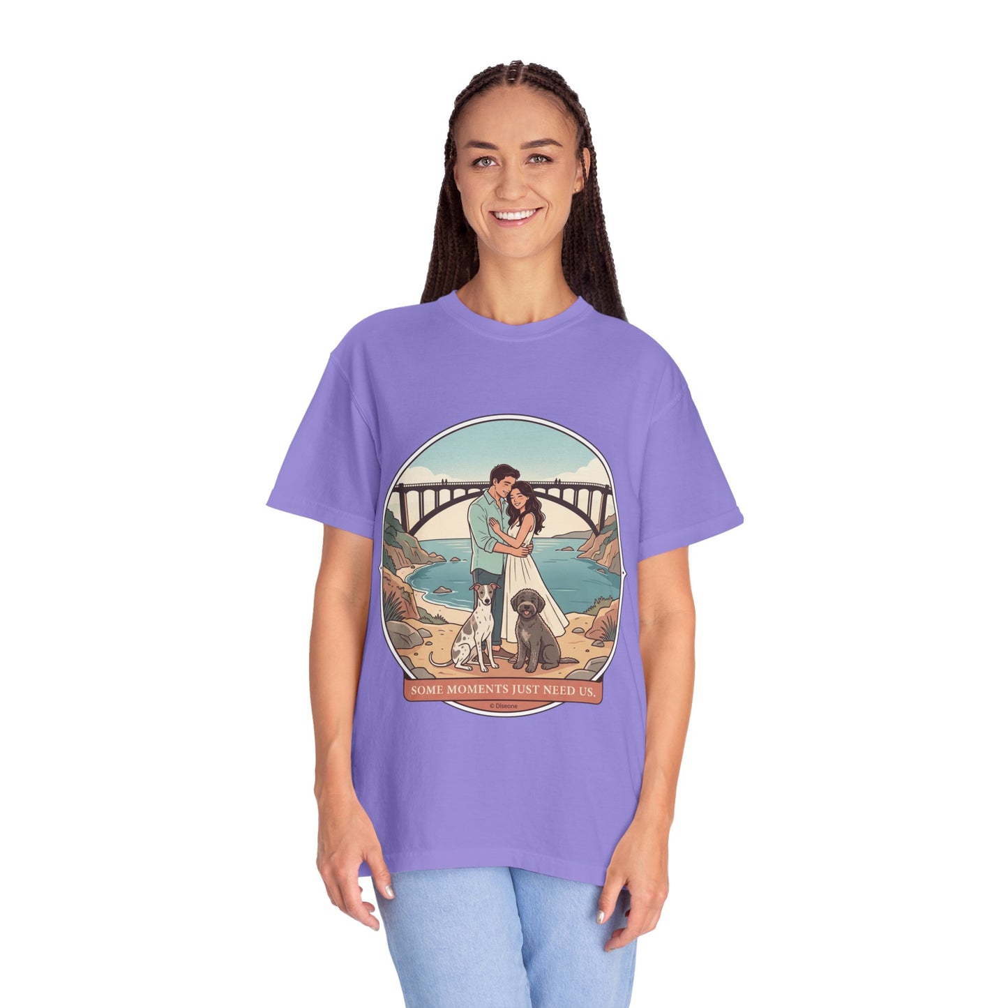 T-Shirt — Romantic Coastal Couples Tee “Some Moments Are Forever” with Dogs