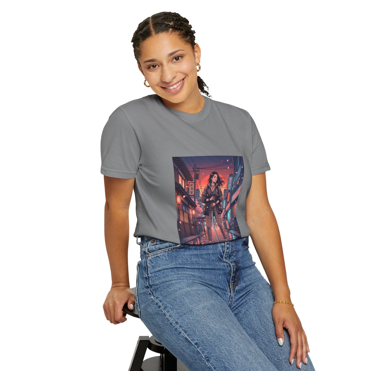 Cyberpunk Night Streets T‑Shirt — Neon Samurai Girl Graphic Tee