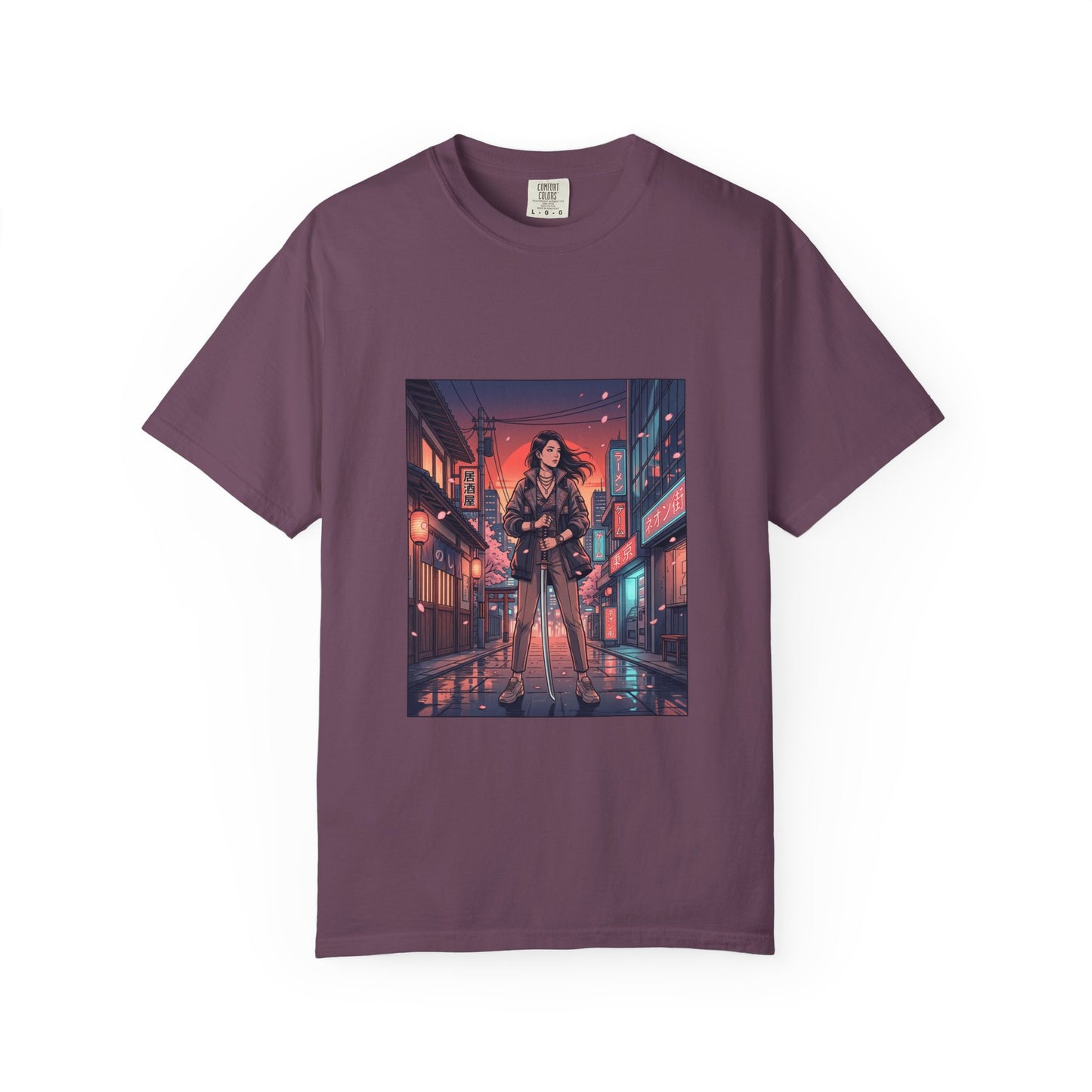 Cyberpunk Night Streets T‑Shirt — Neon Samurai Girl Graphic Tee