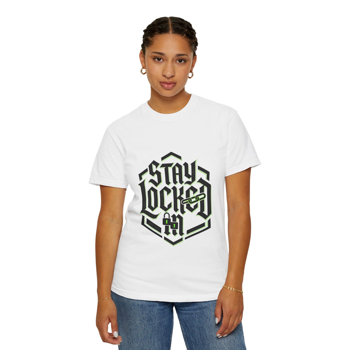 Stay Locked In T-Shirt — Bold Gothic Logo Tee