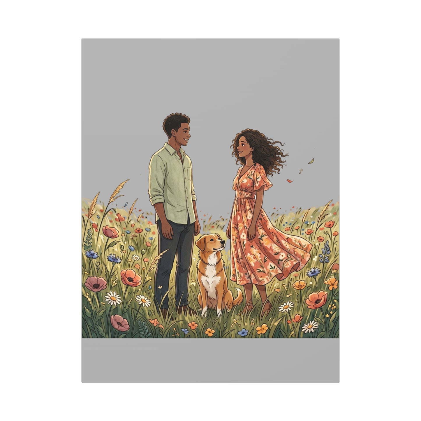 Romantic Couple in Wildflower Field Canvas Art — Black Love Wall Decor with Dog