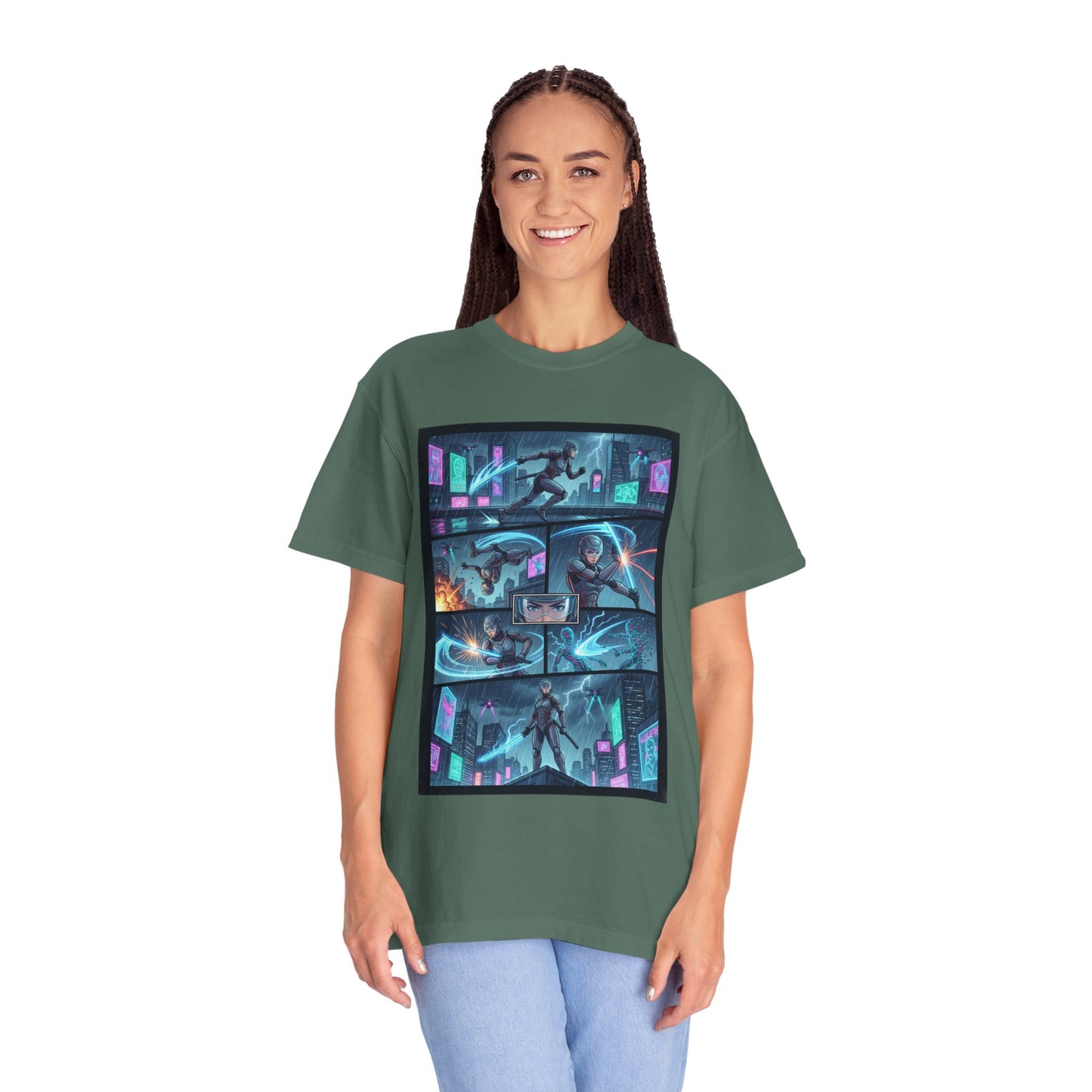 Cyberpunk Girl Samurai T-Shirt — Neon Manga Panel Graphic Tee