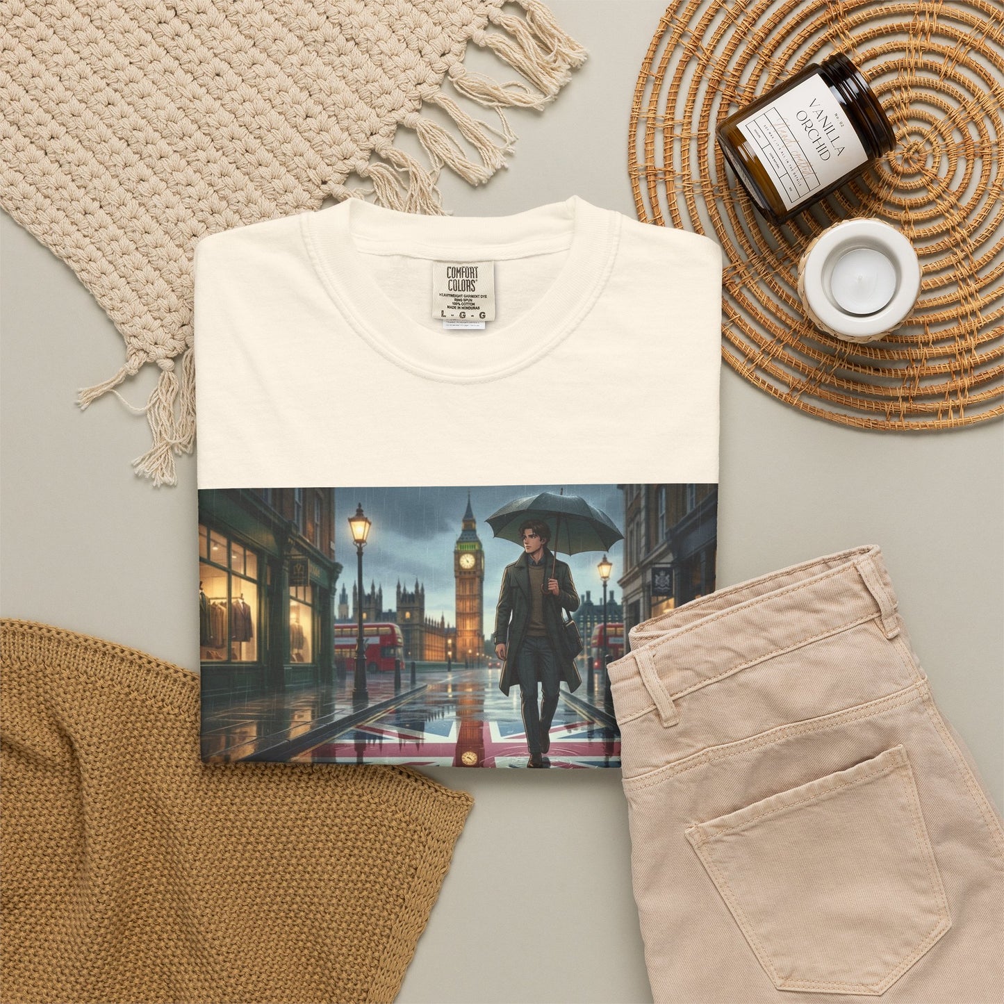 T-Shirt — Rainy London Street Scene Graphic Tee (Big Ben, Umbrella, Night Cityscape)