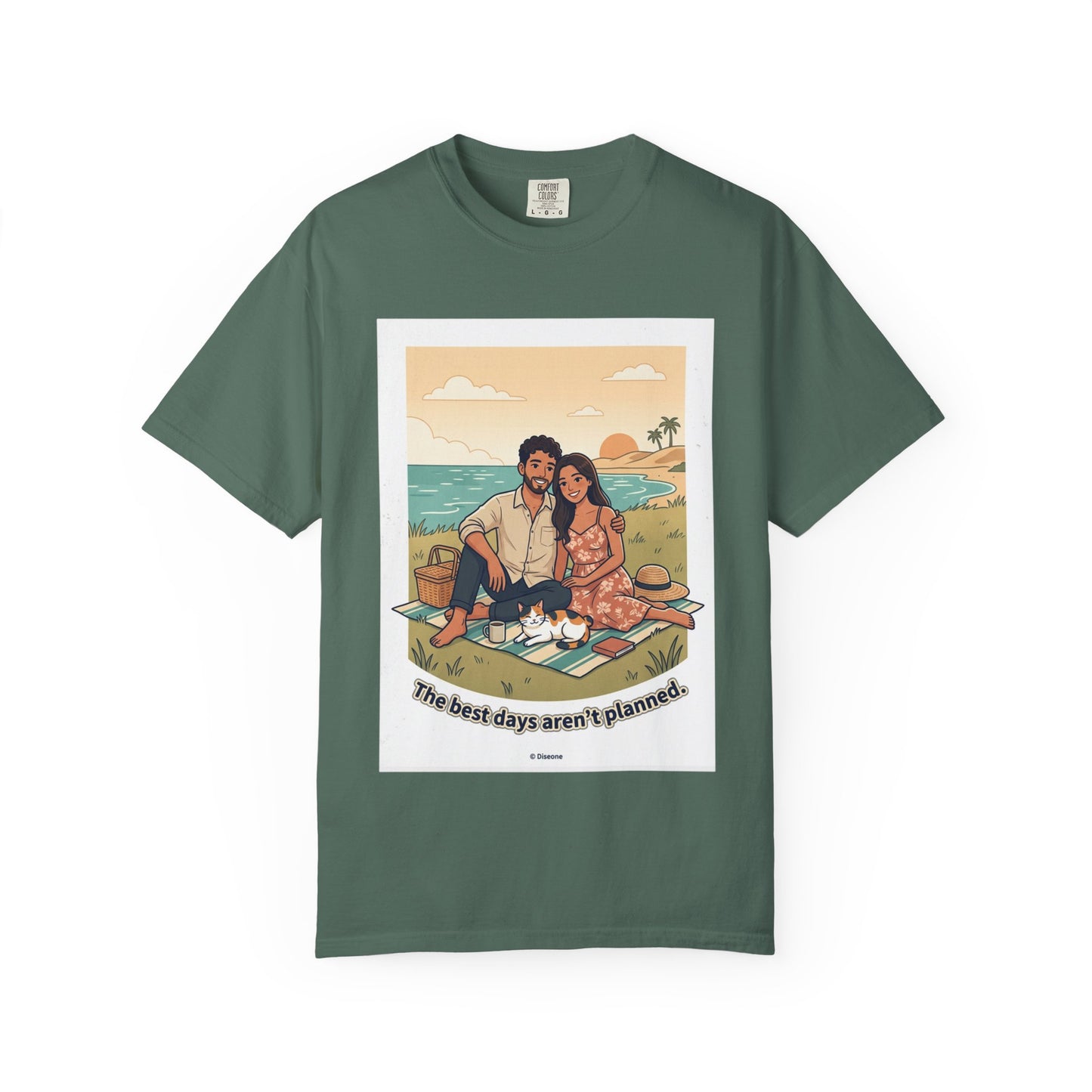 Beach Picnic Couple T‑Shirt — “The best days aren’t planned.” Relaxed Vacation Tee