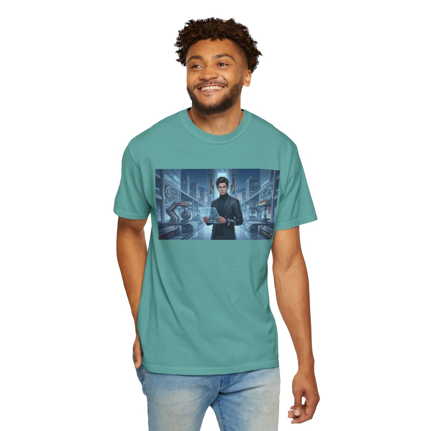 Cyberpunk Detective T-Shirt — Futuristic Noir Cityscape Graphic Tee