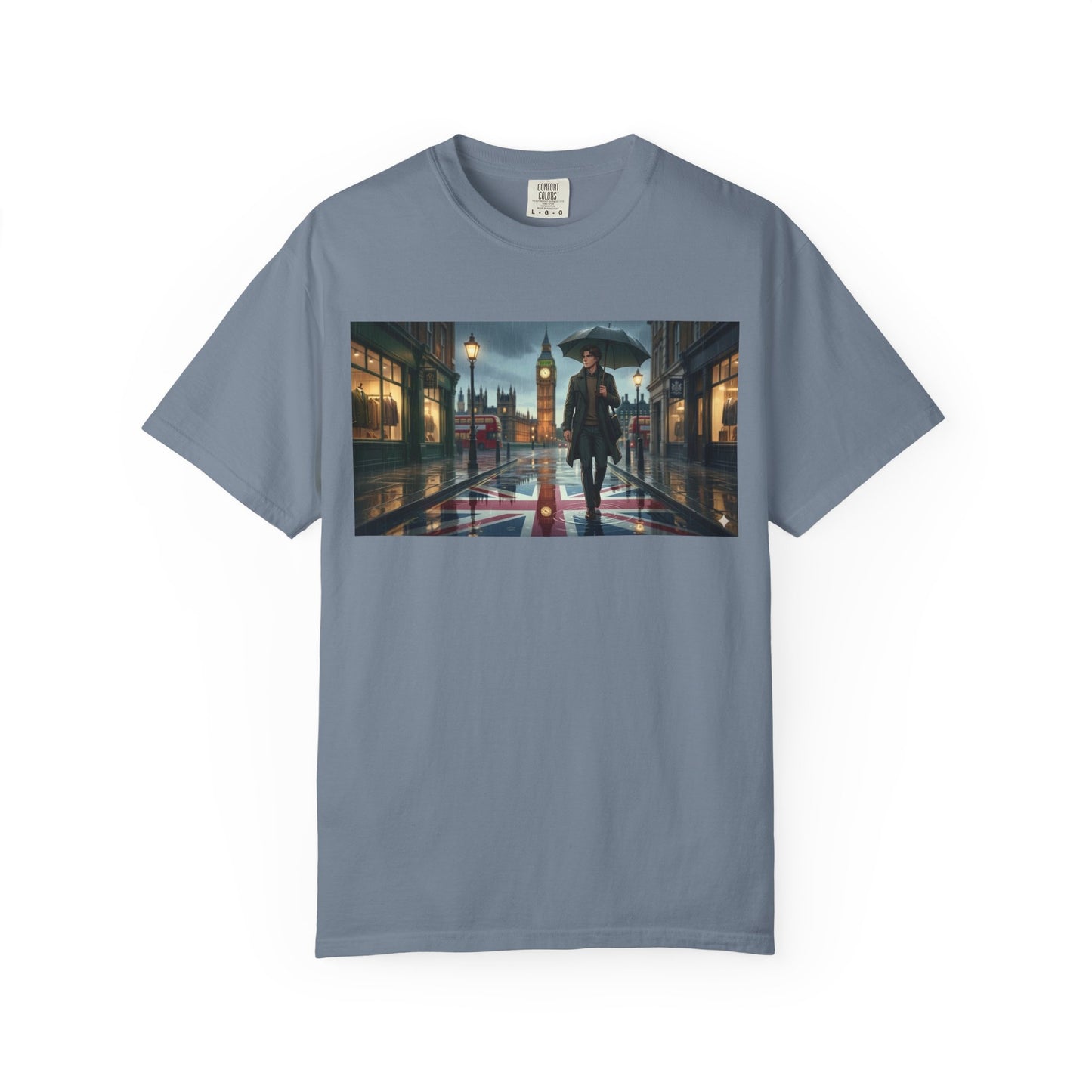 T-Shirt — Rainy London Street Scene Graphic Tee (Big Ben, Umbrella, Night Cityscape)