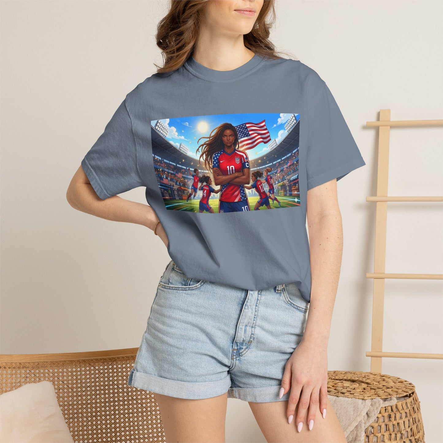 Soccer Mom USA T-Shirt — Female Soccer Player with American Flag Stadium Graphic