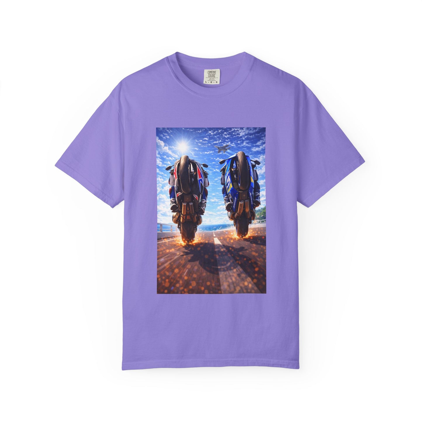 Motorcycle Sunset T-Shirt — Two Bikes Riding Into the Horizon
