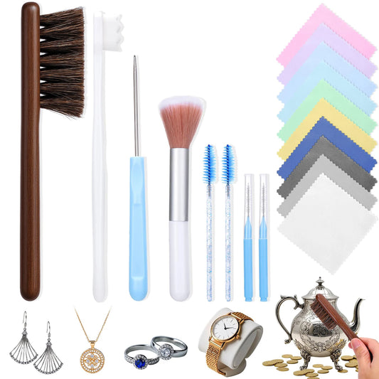 18-Piece Jewelry Cleaning Kit | Professional Brush Set & Polishing Cloths for Gold, Silver, Diamond & More