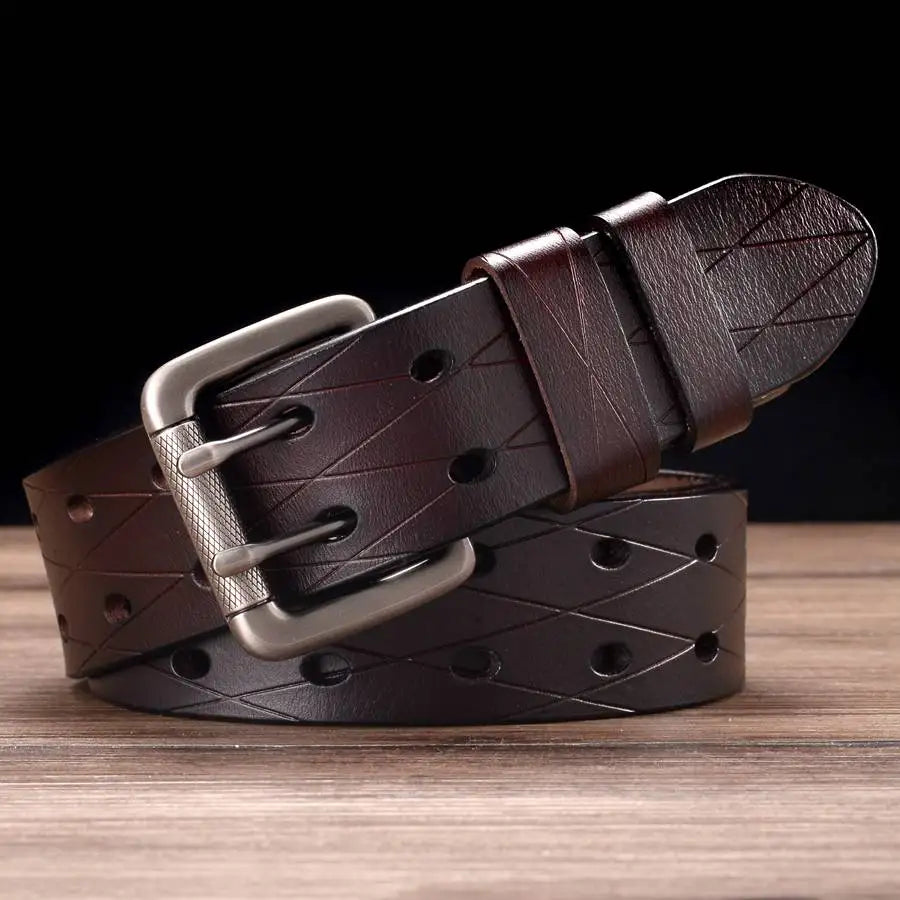 Men's Leather Double Needle Buckle Classic Tow Row Hole Jeans Belt Cowboy Hollowed Out Waistband Width:3.8cm Length:105-125cm