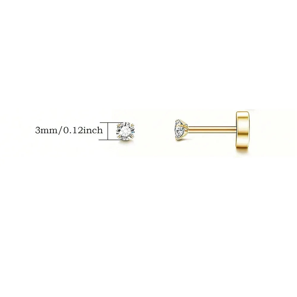 1Pair Stainless Steel Crystal Flat Studs Women Men Bar Screw Back Tragus Round Clear Cubic Zirconia Piercing Earrings Jewelry